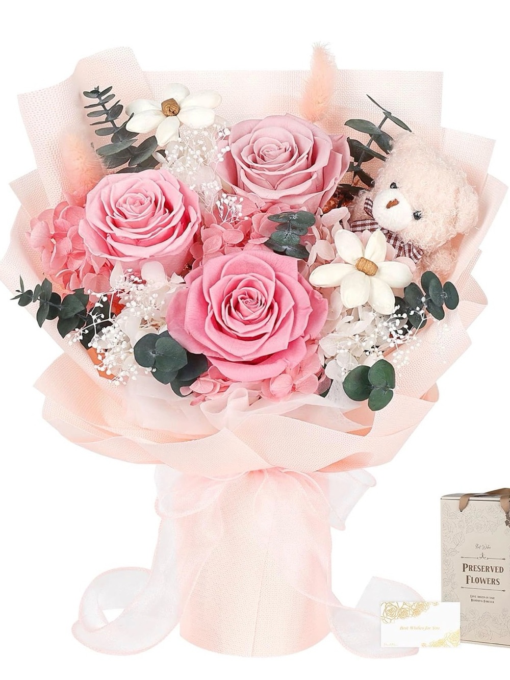 Preserved Rose Bouquet with Bear, 3 Real Forever Flowers for Long-Lasting
